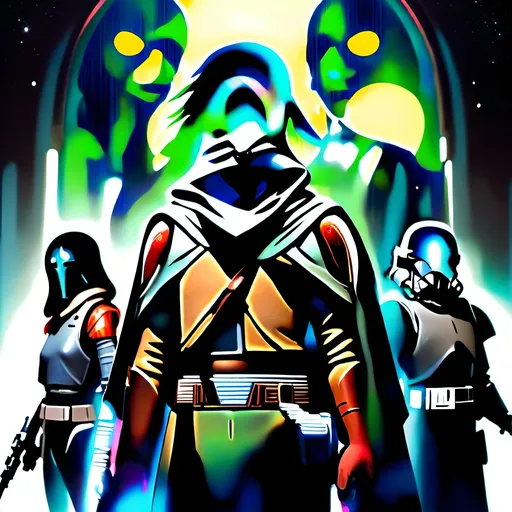 Prompt: anime style, (dark color scheme), outlaw characters from Star Wars, unique poses, rebellious vibes, high-contrast shadows, moody atmosphere, intricate details in character design, dynamic expressions, depth in lighting, (vibrant highlights), ultra-detailed artwork, dramatic ambiance, sci-fi elements, thematic background reflecting a galactic setting.