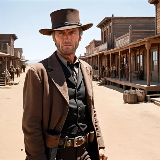 Prompt: Clint Eastwood as Johnna Hex
Old West Scene, Gunfight at High Noon, Wild West Town, Train on the Horizon  