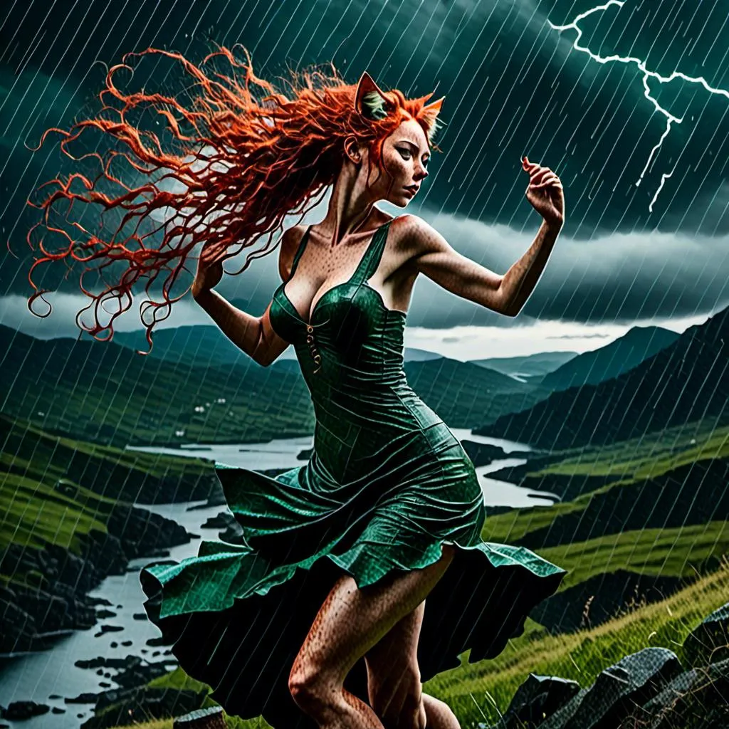 Prompt: <mymodel> highly detailed young woman dancing in the Scottish highlands during a rain storm
 
