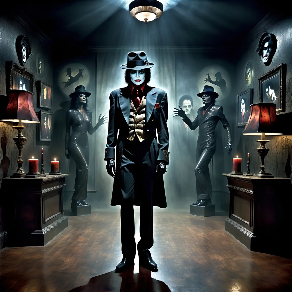 Prompt: (surrealism style image), (dark color scheme), a hauntingly dramatic scene inspired by Michael Jackson's Thriller, featuring an eerie ambiance with surreal elements, dynamic poses, featuring clearly visible portrait of Vincent Price on the back wall, moody lighting, high detail, captivating atmosphere, (HD), a blend of the mystical and the macabre.