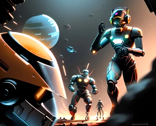 Prompt: photorealistic, (futuristic-sci-fi style), (warm color scheme), dynamic scene of the Forbidden Planet Robot versus the Lost in Space robot, (highly detailed), intense action, vibrant lighting, immersive sci-fi ambiance, dramatic shadows, intricate mechanical features, metallic textures, highly defined characters in combat, cinematic composition, 4K quality, fast-paced tension.