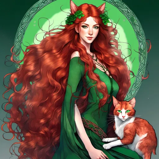 Prompt: Japanese ink illustration of a Celtic woman with cat ears and tail, long red curly hair, detailed green eyes, detailed skin texture, full body view, delicate, diffused lighting, beautiful, artistic, detailed, fantasy style Celtic background, long hair, detailed eyes, full-body, elegant, ethereal, soft lighting