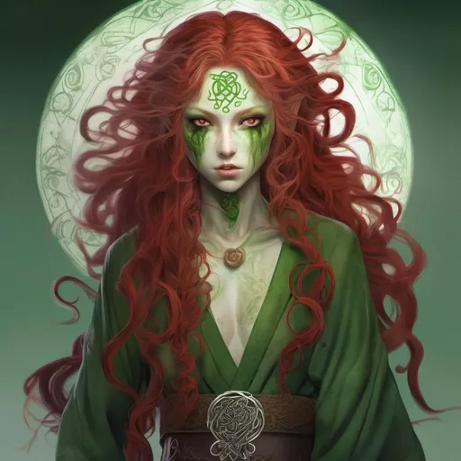 Prompt: Fantasy Japanese illustration of a Celtic Zombie withand tail, long red curly hair, detailed green eyes, realistic pose, detailed skin texture, full body view, delicate, diffused lighting, beautiful, artistic, detailed, fantasy style, long hair, detailed eyes, full-body, elegant, ethereal, soft lighting