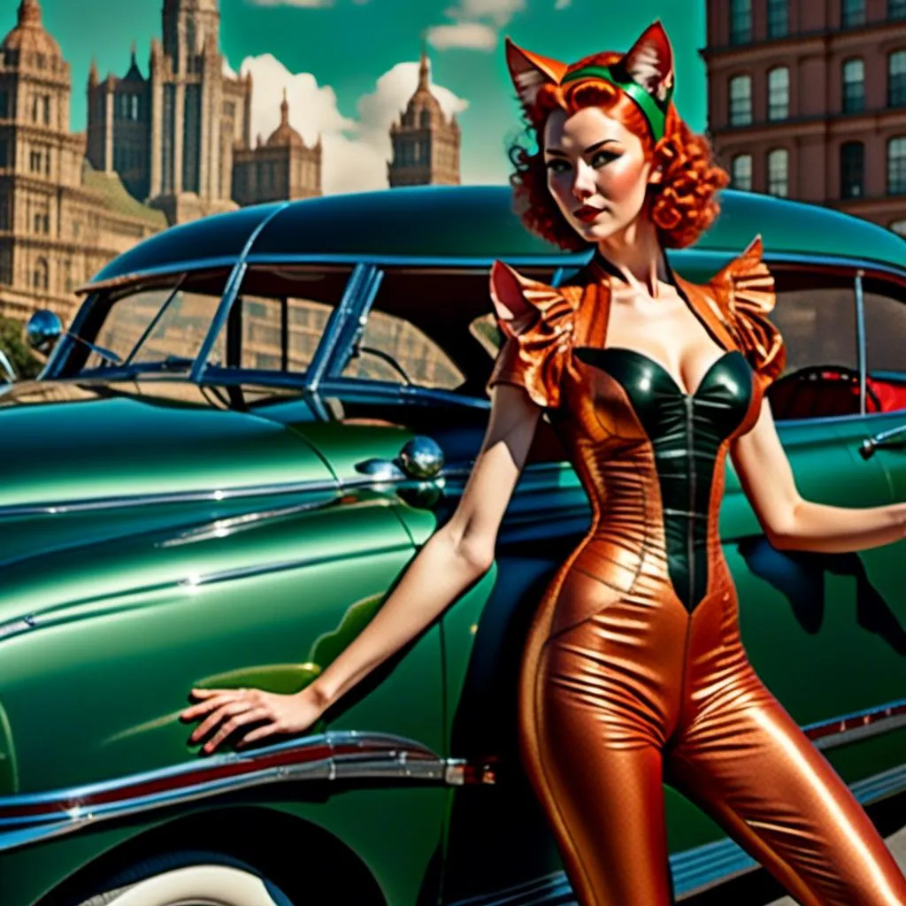 Prompt: <mymodel> Full body view of Man with cat ears in 1940's futuristic Automobile Advertisement, matching cat ears to hair color, extremely detailed, intricate clothing, high quality, intricate, futuristic-retro futurism, historical, detailed hair, detailed spaceship in background