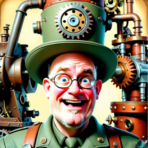 Prompt: (Humorous portrait), steampunk style, caricature drawing, pencil color  scheme, detailed facial features, expressive eyes, exaggerated pleasant smile, vintage military attire, quirky accessories, Iron gears and machinery in the background, cozy ambiance, ultra-detailed, engaging composition that blends humor and artistry, creating a captivating visual narrative.