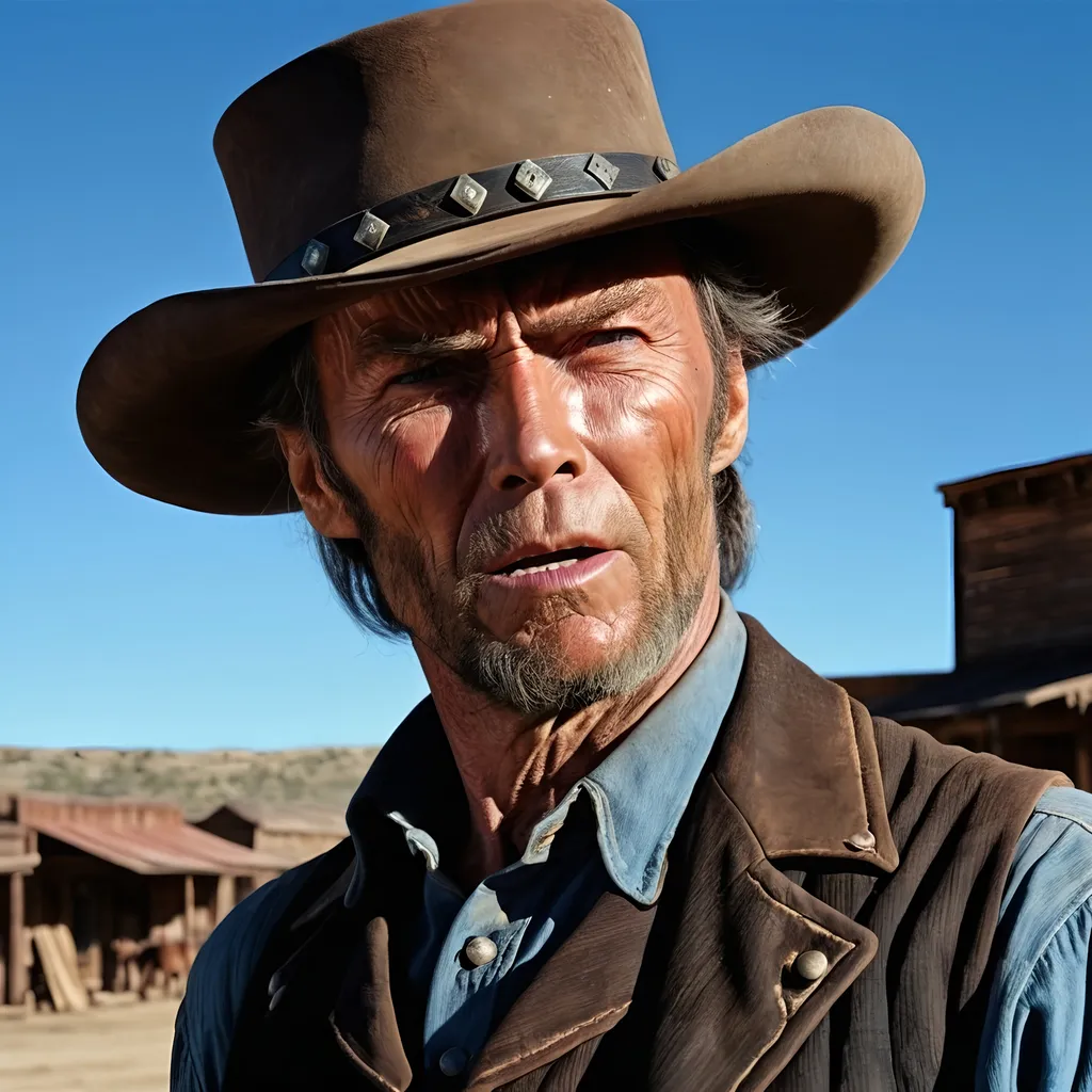 Prompt: Clint Eastwood as Johnna Hex Scar Partial closing half of his mouth, 
Old West Scene, Gunfight at High Noon, Wild West Town, Train on the Horizon  