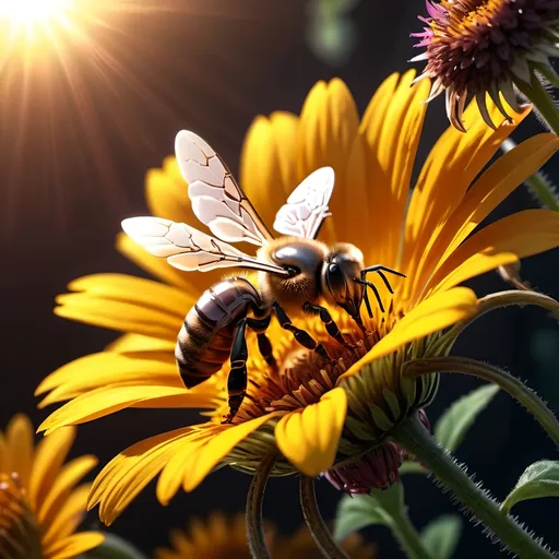 Prompt: Close up (Honey bee sipping nectar on a flower, all six legs visible), intricate wing details, photorealism, nature, dark steampunk artstyle, summer vibes, warm color scheme, vibrant, high-depth color tones, ultra-detailed, HD, 4K, crisp focus, atmospheric, intricate floral background with steampunk elements, metallic textures, gears and cogs intertwined with nature, soft sunlight filtering through, cinematic lighting, dramatic shadows, immersive and captivating scene.