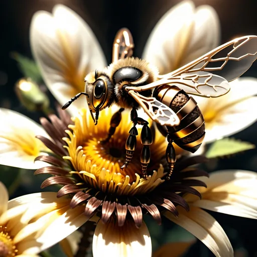 Prompt: Close up (Steampunk Honey bee sipping nectar on a flower, all six legs visible), dark steampunk artstyle,  HD, 4K, crisp focus, atmospheric, intricate floral background with steampunk elements, metallic textures, gears and cogs intertwined with nature, soft sunlight filtering through, cinematic lighting, dramatic shadows, immersive and captivating scene.