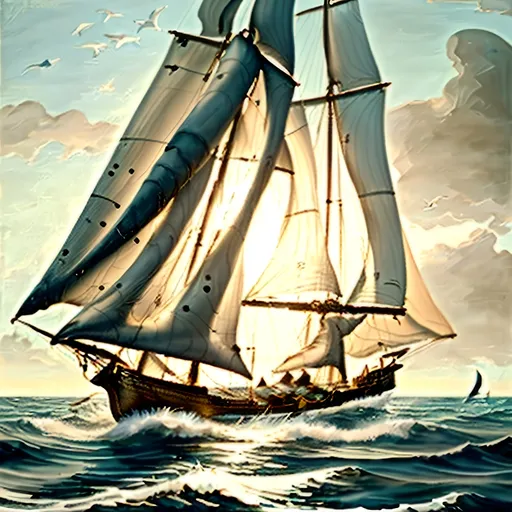 Prompt: oil painting, natural color scheme, (three masted sailing ship body made out of glass), (traveling swiftly) on a (realistic ocean), (sails full of wind), (dolphins breaching) in front of the bow, serene atmosphere, nature-inspired, fluid and dynamic scene, delicate brush strokes, soft light filtering through, emphasizing tranquility and adventure, ultra-detailed, high-definition.