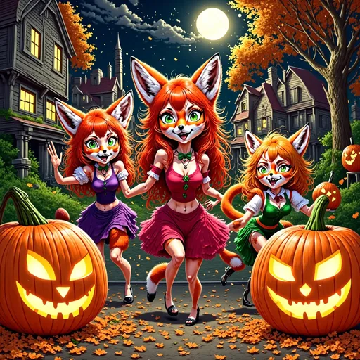 Prompt: (misc-manga style), warm color scheme, adorable Red Foxy character, dressed for Halloween, surrounded by excited neighborhood kids, joyfully trick-or-treating, festive costumes, glowing jack-o’-lanterns, spooky atmosphere, moonlit night sky, autumn leaves, playful expressions, high quality, ultra-detailed, engaging and cheerful vibe.