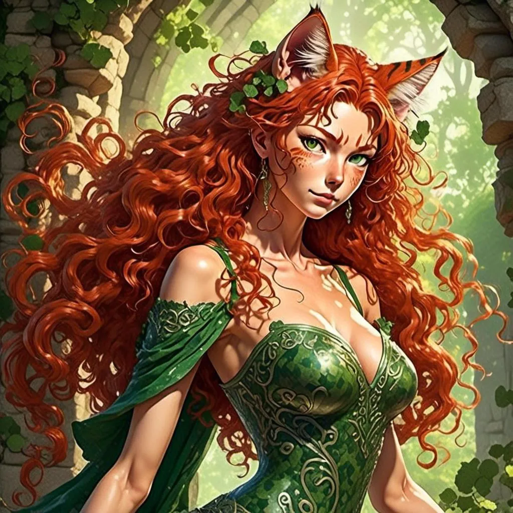 Prompt: <mymodel> Realistic 50 year old Celtic woman, Full Color Fantasy  illustration of a Celtic woman with cat ears and tail, detailed long red curly hair, detailed green eyes, detailed skin texture, full body view, delicate, diffused lighting, beautiful, artistic, detailed, fantasy style Celtic background, long hair, detailed eyes, full-body pose dancing, elegant, ethereal, soft lighting
