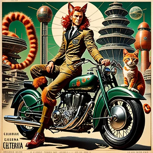 Prompt: <mymodel> Full body view of Rugged Man with cat ears in 1940's futuristic Motorcycle Advertisement, matching cat ears to hair color, extremely detailed, intricate clothing, high quality, intricate, futuristic-retro futurism, historical, detailed hair, detailed spaceship in background