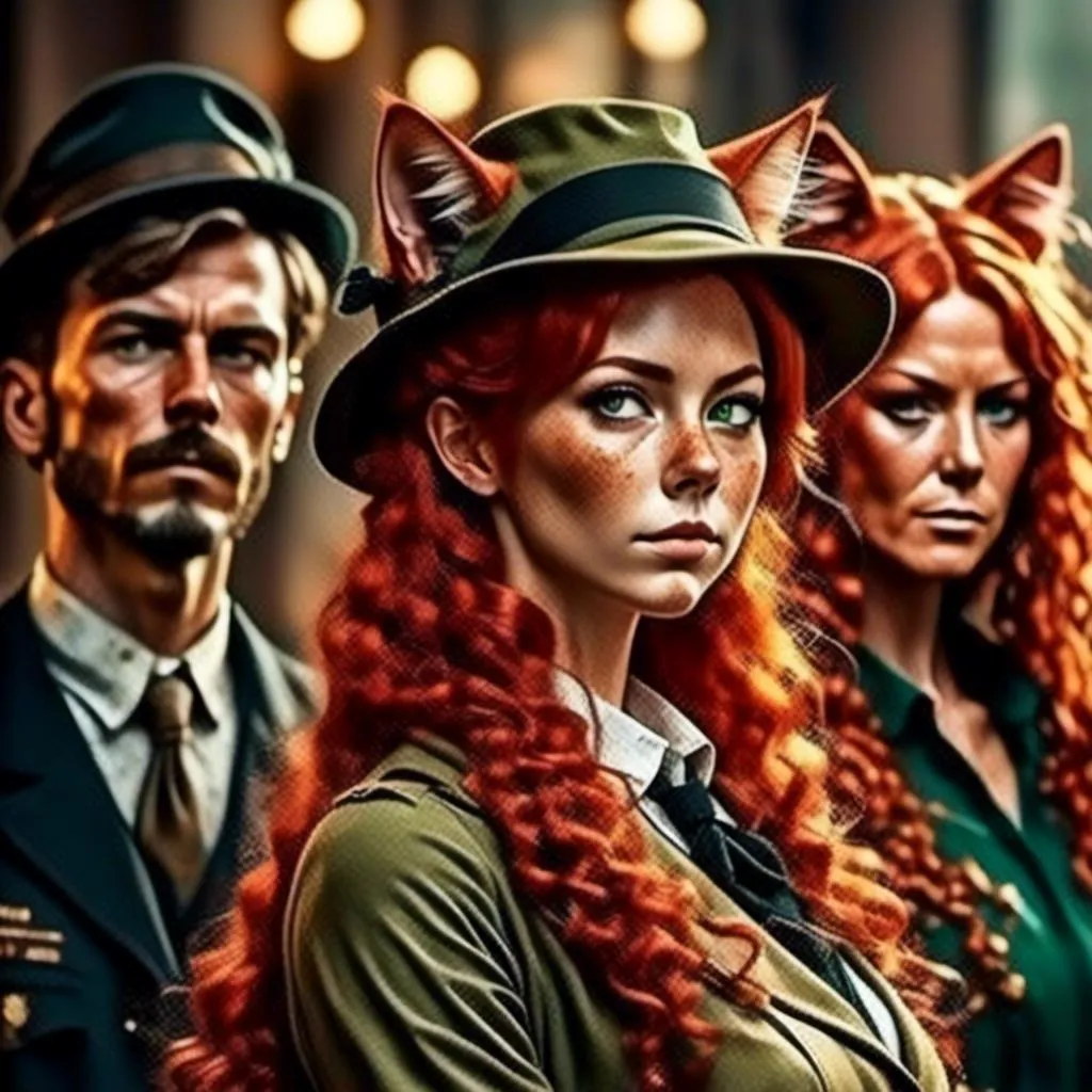 Prompt: <mymodel>Faded colors Old WWI Style Commercial smoking with with friends, detailed human facial anatomy, Cat ears Match Hair Color,  detailed background, faded colors, highres, professional
