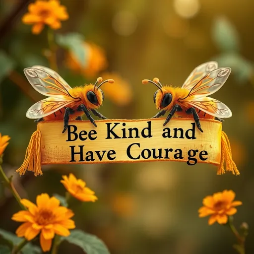 Prompt: fantasy style, (two Honey bees at each end of a banner that reads),(accurately spelled text "Bee Kind and Have Courage"), warm color scheme, vibrant hues of orange and gold, whimsical springtime  atmosphere, cozy and enchanting vibe, intricate details in design, magical aura, high quality, ultra-detailed, captivating and inviting presentation.