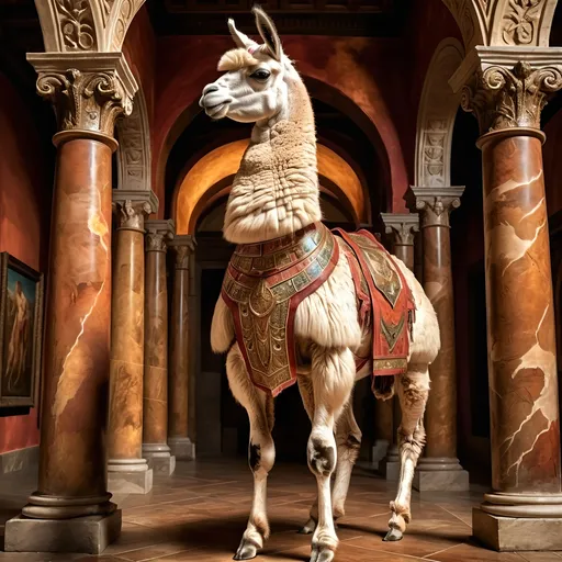 Prompt: (anthropomorphic llama, extremely godlike muscled, heroic pose, full body shot), (Renaissance art style), warm color palette, rich textures, detailed anatomy, dramatic lighting, heroic atmosphere, uplifting mood, intricate background featuring classical architecture, soft brush strokes, vivid depictions of strength and valor, highly detailed, 4K quality, evocative and timeless composition