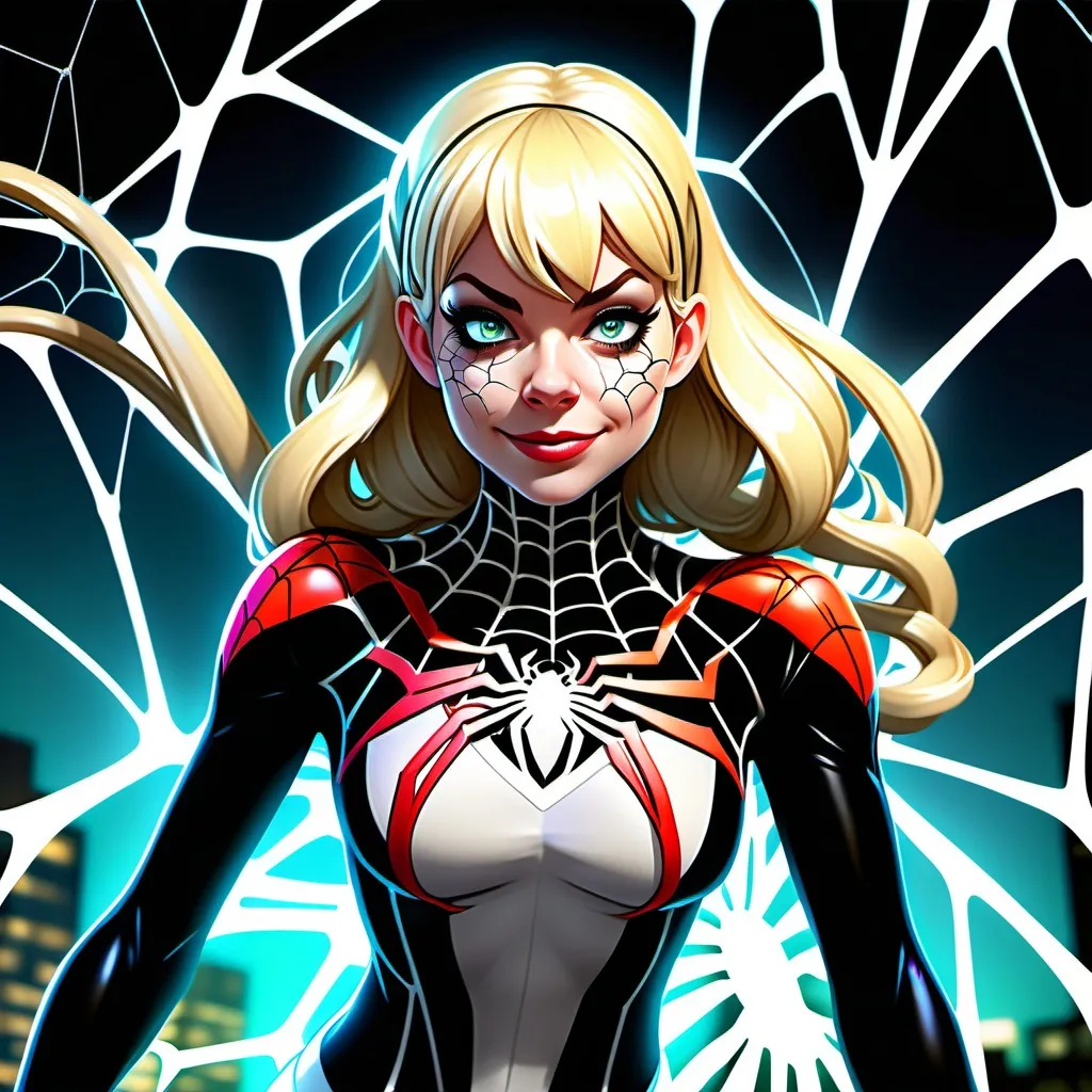 Prompt: Anime style, Gwendolyne Maxine "Gwen" Stacy , Anthropomorphic spider girl, full body, best quality, expressive eyes, glowing, luminous, perfect face, 1 woman, spider transformation, blond  hair, spider web,