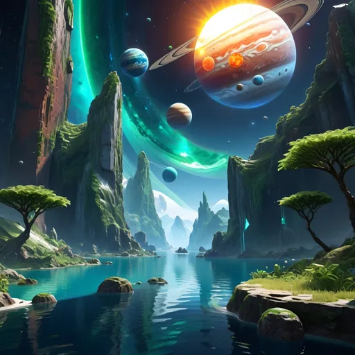 Prompt: (realistic style), (A solar system where all Planets are Cubes), highly detailed representation, vibrant water textures, ethereal atmosphere, majestic mountains, lush greenery, cool color scheme, serene and tranquil vibes, intricately rendered features, deep ocean blues and gentle greens, atmospheric details that evoke awe and wonder, ultra-detailed, 4K quality, captivating visual experience, immersive and enchanting.