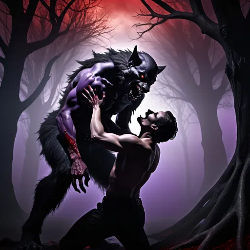 Prompt: (fantasy theme), breathtaking scene of an werewolf  biting a vampire, deep shades of black, purple, and blood red creating an eerie atmosphere, dramatic lighting casting shadows, gothic background featuring twisted trees and fog, emotion of longing and darkness, (intricate details) capturing tension and passion, (highly detailed, HD) crafted for a cinematic effect.