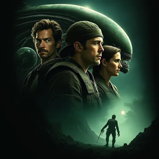 Prompt: Alien the movie, poster featuring the cast and  of the movie, the Nostromo spaceship in the background and the Alien creature hiding in the shadows