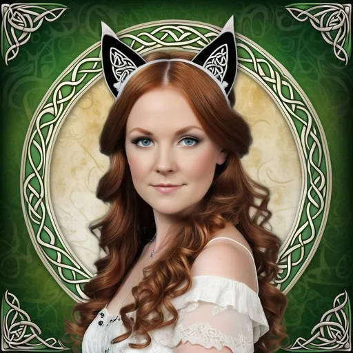 Prompt: 35 year old Celtic woman with delicate cat ears, detailed Celtic Background