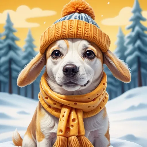 Prompt: Dog made out of cheese wearing a winter hat and a scarf

