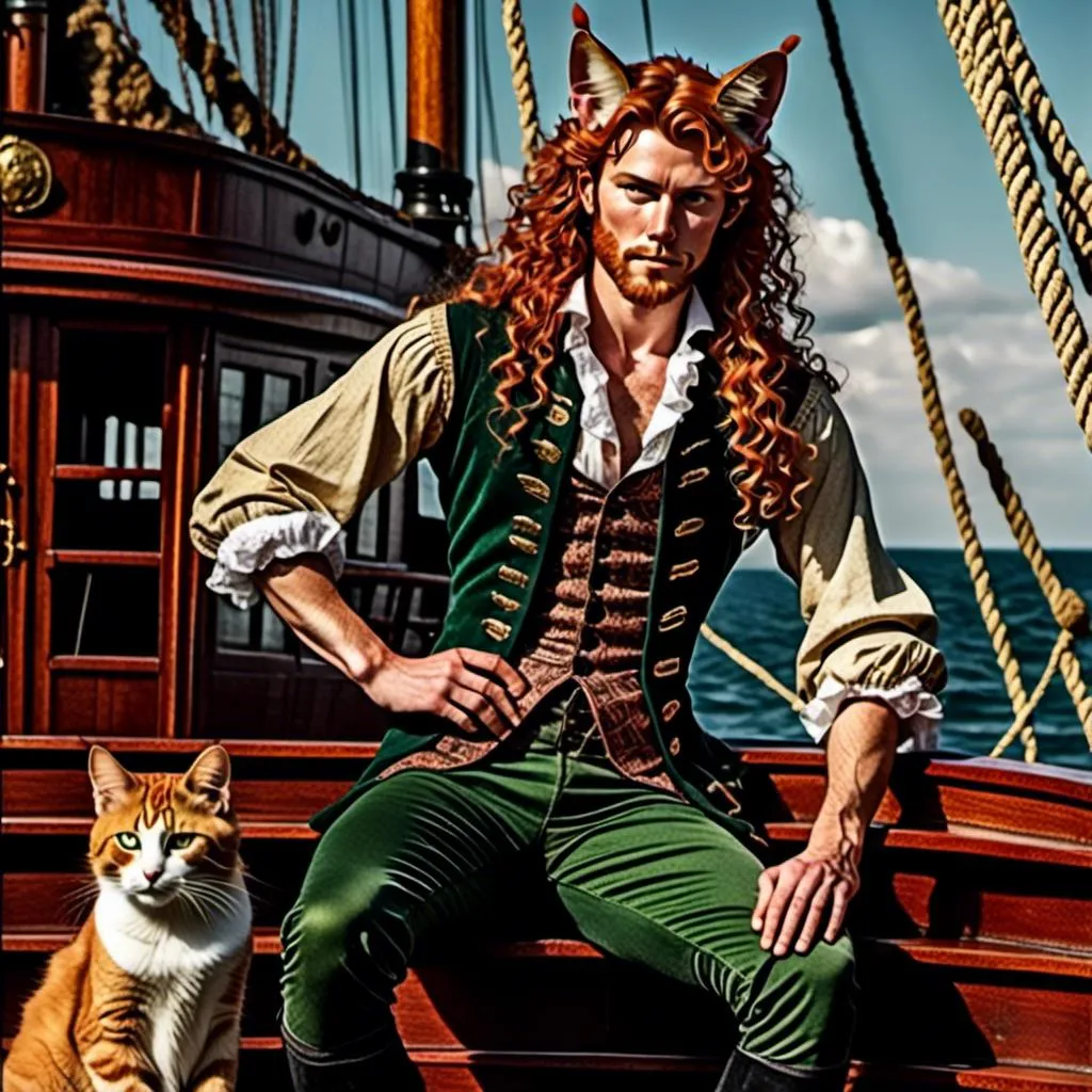 Prompt: <mymodel> Full body view of Rugged Man with human face and cat ears in 1600's Schooner Advertisement, matching cat ears to hair color, extremely detailed, intricate clothing, high quality, intricate, historical, detailed hair, detailed ship in background