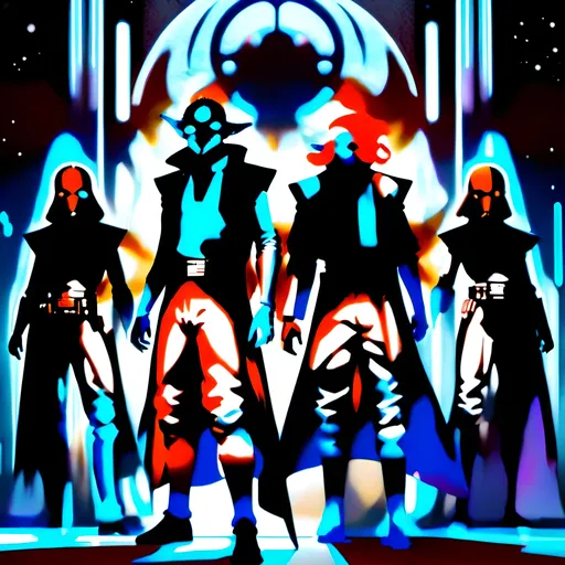 Prompt: anime style, (dark color scheme), outlaw characters from Star Wars, unique poses, rebellious vibes, high-contrast shadows, moody atmosphere, intricate details in character design, dynamic expressions, depth in lighting, (vibrant highlights), ultra-detailed artwork, dramatic ambiance, sci-fi elements, thematic background reflecting a galactic setting.