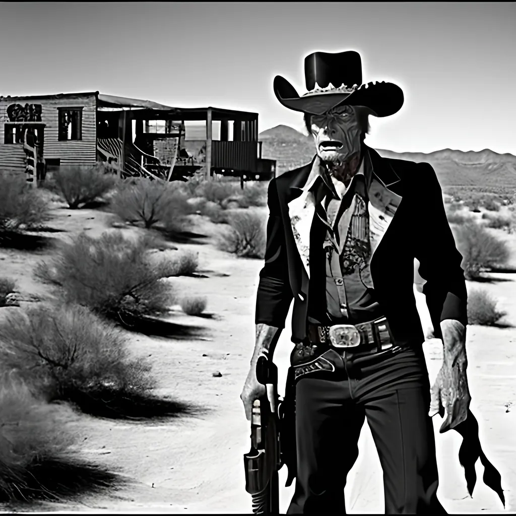 Prompt: Clint Eastwood as Johnna Hex Scar Partial closing half of his mouth, 
Old West Scene, Gunfight at High Noon, Wild West Town, Train on the Horizon  