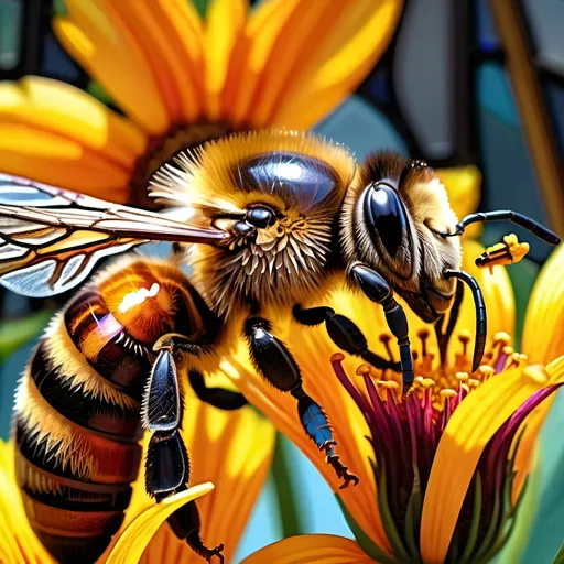 Prompt: (Close up Honey bee sipping nectar on a flower all six legs visible),  intricate wing details, nature, summer vibes, high-definition, ultra-detailed,  crisp focus, 4K.