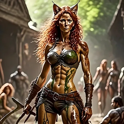 Prompt: <mymodel> (realism style), a Large well muscled battle scared warrior lady with a shield and a Battle Axe, covered in mud, softly lit, (high depth), ultra-detailed, harmonious composition appealing to the senses.