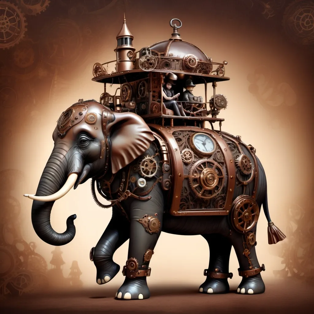 Prompt: Steampunk chocolate elephant with rider, (artstyle: steampunk), (color palette: dark colors), intricate mechanical designs, whimsical elements, vintage yet futuristic vibes, playful ambiance, detailed textures and patterns on the elephant's skin, subtle metallic features blending with creamy chocolate tones, dreamy and imaginative background to enhance the playful theme, (highly detailed), (4K resolution).