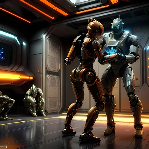 Prompt: photorealistic, (futuristic-sci-fi style), (warm color scheme),robots spooning
, (highly detailed), intense action, vibrant lighting, immersive sci-fi ambiance, dramatic shadows, intricate mechanical features, metallic textures, highly defined characters in combat, cinematic composition, 4K quality, fast-paced tension.