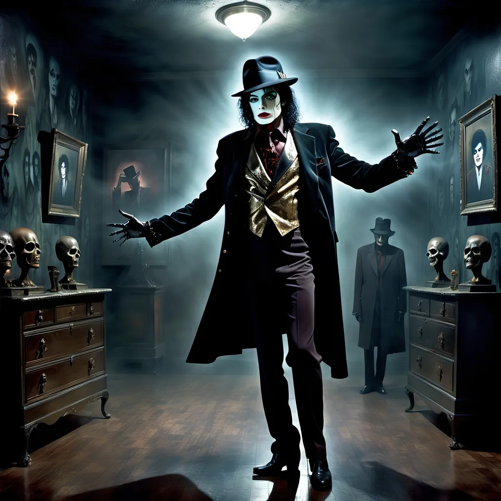 Prompt: (surrealism style image), (dark color scheme), a hauntingly dramatic scene inspired by Michael Jackson's Thriller, featuring an eerie ambiance with surreal elements, dynamic poses, featuring clearly visible portrait of Vincent Price on the back wall, moody lighting, high detail, captivating atmosphere, (HD), a blend of the mystical and the macabre.