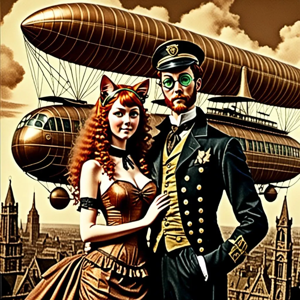 Prompt: <mymodel>high quality vintage lithograph, Full body view of Couple  with human faces and goggles, cat ears, Dirigible Advertisement, matching cat ears to hair color, extremely detailed, intricate clothing, intricate, historical, detailed hair, detailed Blimp in background,  detailed eyes, atmospheric lighting, vintage sepia tones