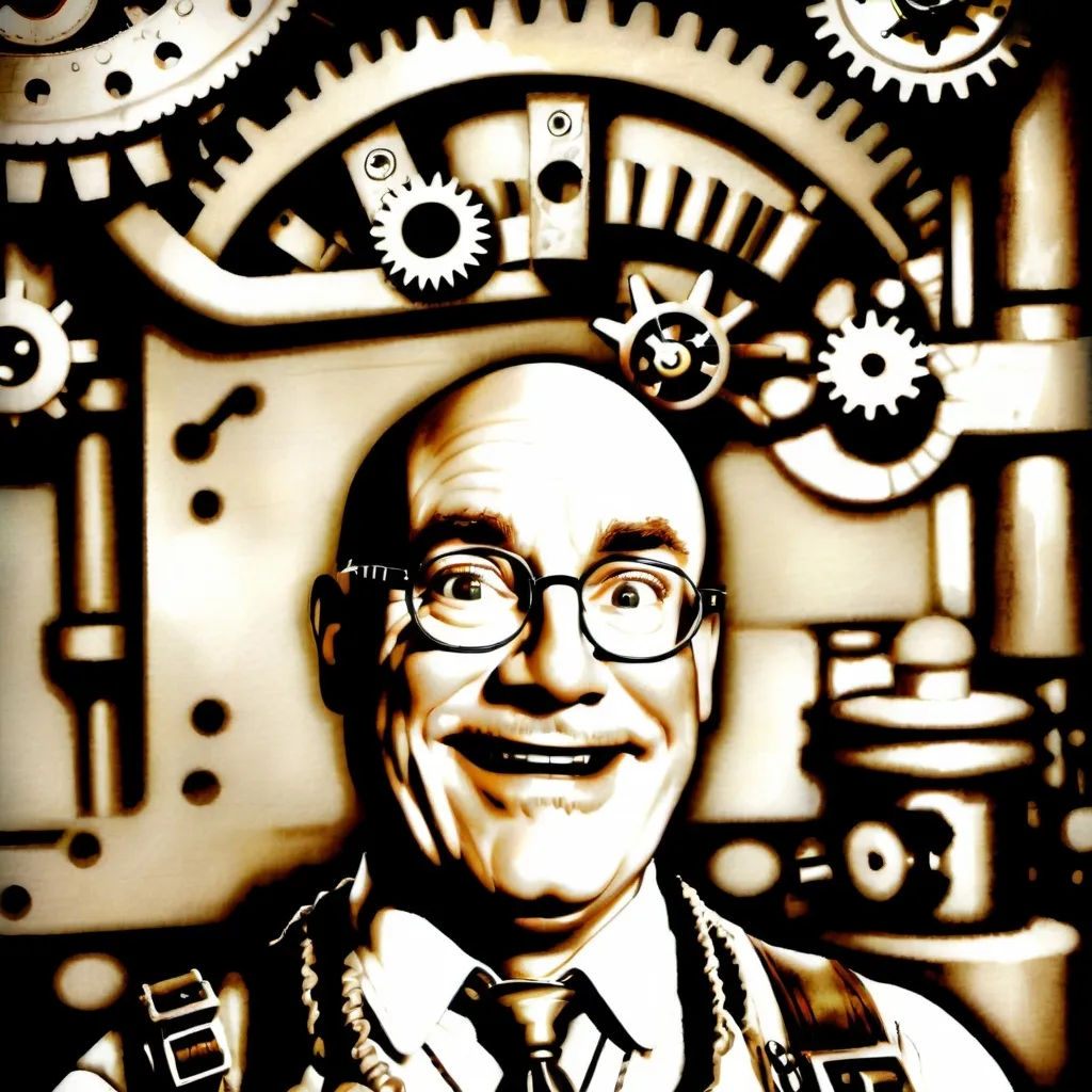 Prompt: (Humorous portrait), steampunk style, caricature drawing, pencil color  scheme, detailed facial features, expressive eyes, exaggerated pleasant smile, vintage military attire, quirky accessories, Iron gears and machinery in the background, cozy ambiance, ultra-detailed, engaging composition that blends humor and artistry, creating a captivating visual narrative.