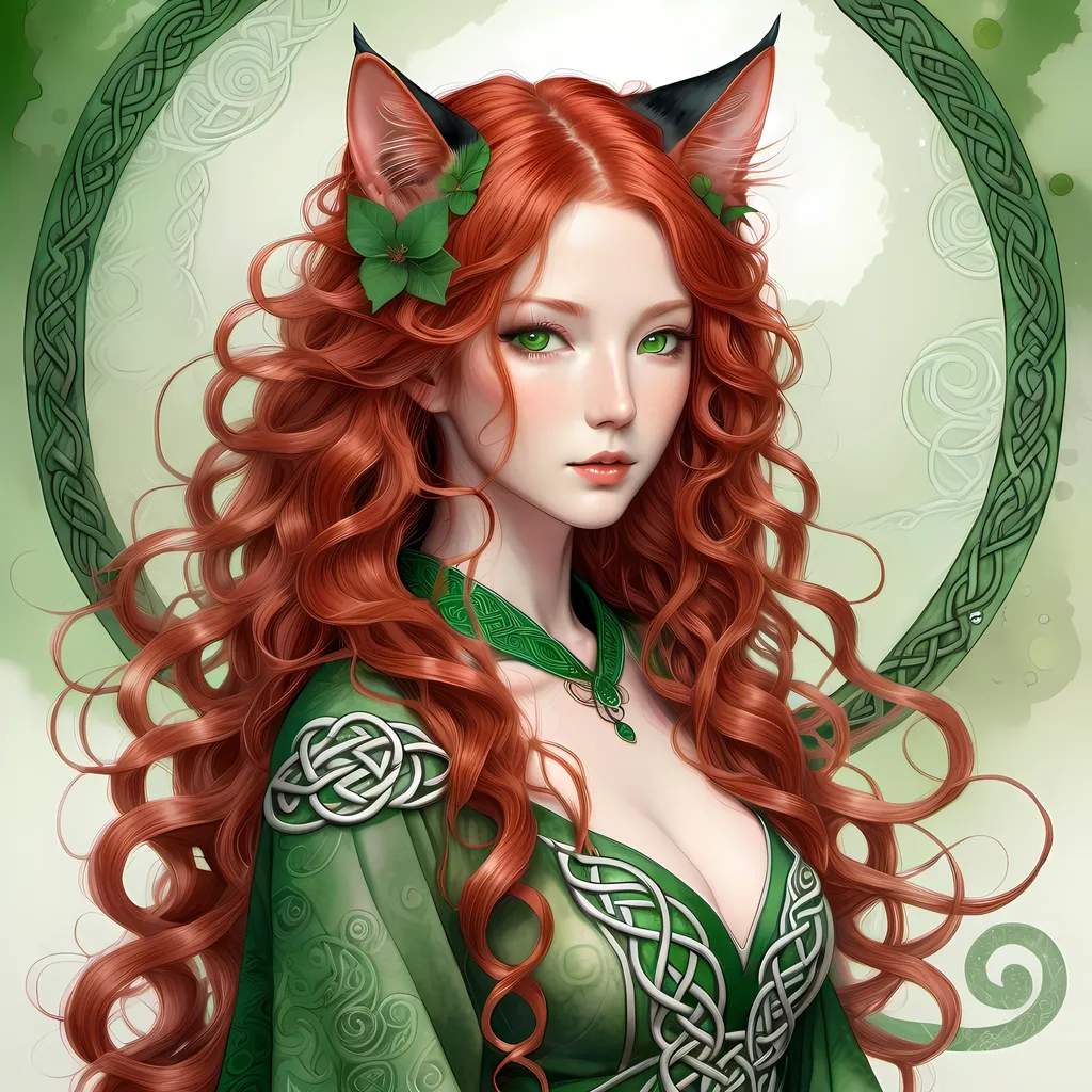 Prompt: Japanese ink illustration of a Celtic woman with cat ears and tail, long red curly hair, detailed green eyes, detailed skin texture, full body view, delicate, diffused lighting, beautiful, artistic, detailed, fantasy style Celtic background, long hair, detailed eyes, full-body, elegant, ethereal, soft lighting