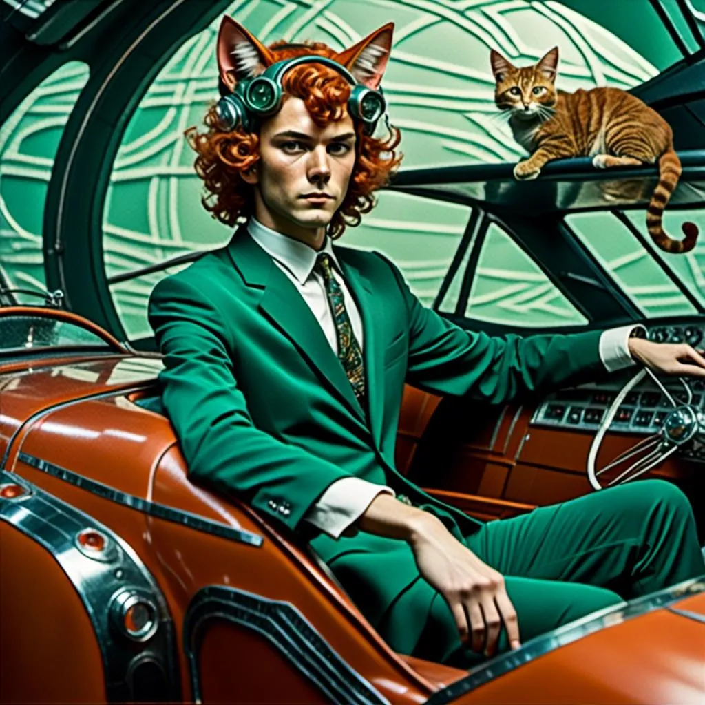 Prompt: <mymodel> Full body view of Man with cat ears in 1960's  futuristic Automobile, Advertisement for a space ship, matching cat ears to hair color, extremely detailed, intricate clothing, high quality, intricate, futuristic-retro futurism, historical, detailed hair, detailed spaceship in background