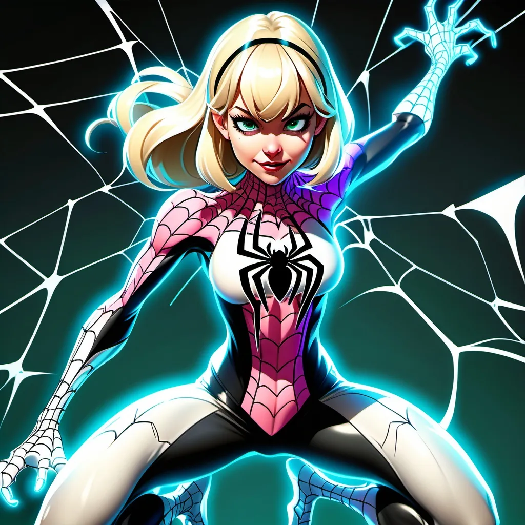 Prompt: Anime style, Gwendolyne Maxine "Gwen" Stacy , Anthropomorphic spider girl, full body view, best quality, expressive eyes, glowing, luminous, perfect face, 1 woman, spider transformation, blond  hair, spider web,