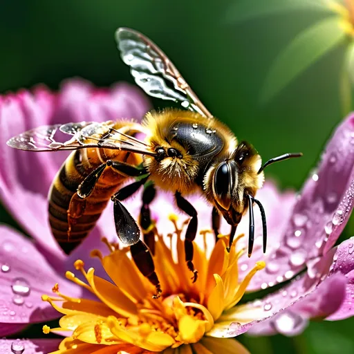 Prompt: (Close up Honey bee sipping nectar on a flower all six legs visible),  intricate wing details, nature, summer vibes, high-definition, ultra-detailed,  crisp focus, 4K.