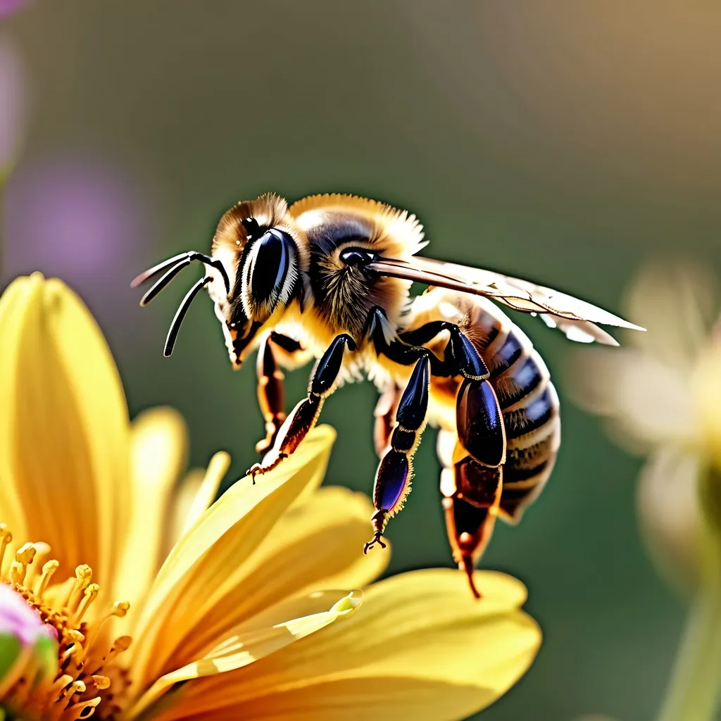 Prompt: (Close up Honey bee walking on a flower rear legs full of pollen),  intricate wing details, nature, summer vibes, high-definition, ultra-detailed,  crisp focus, 4K.