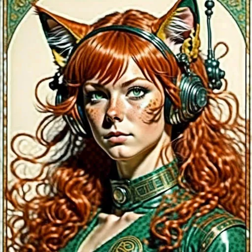 Prompt: <mymodel>Man with cat ears in vintage lithograph style, 1960's advertisement for a space ship, matching cat ears to hair color, extremely detailed, detailed hair, intricate clothing, high quality, vintage, detailed cat ears, historical,