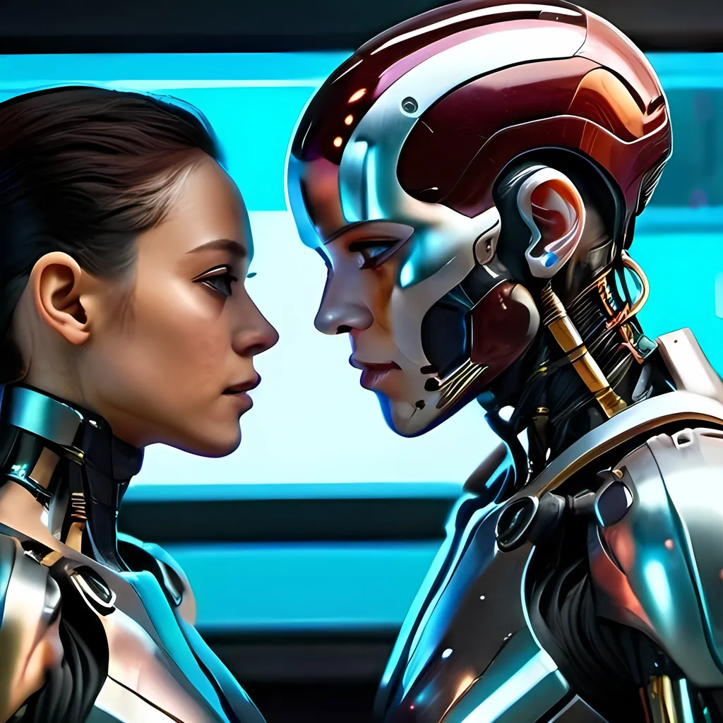 Prompt: photorealistic, (futuristic-sci-fi style), (cool color scheme), anatomically correct androids in love,  (highly detailed), intense action, subdued lighting, immersive sci-fi ambiance, dramatic shadows, intricate mechanical features, metallic textures, highly defined characters in combat, cinematic composition, 4K quality, fast-paced tension.