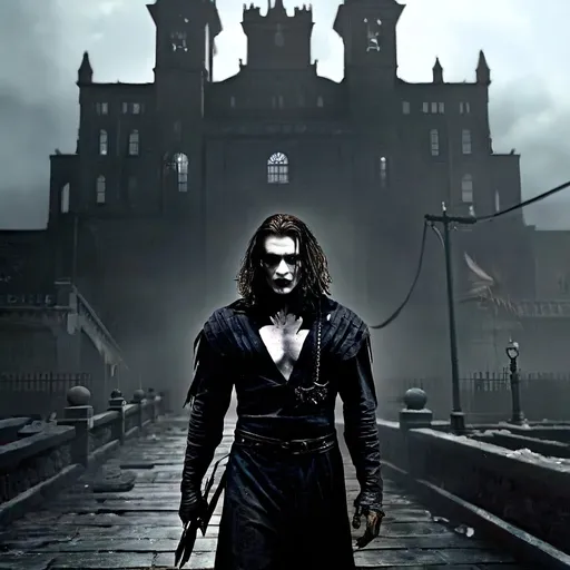 Prompt: (misc-macabre style), dark color scheme, (The Crow) movie character, haunting atmosphere, somber lighting, intricate details, dramatic shadows, urban background, mysterious mood, deep blues, stark blacks, intense contrasts, surreal elements, gothic aesthetics, ultra-detailed, cinematic quality, evoking feelings of melancholy and intrigue.