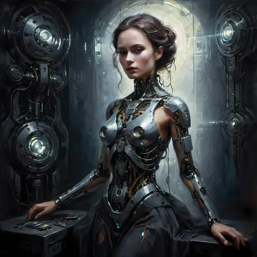 Prompt: (Robotic Cybernetic Woman), surrealism style, dark color scheme, gossamer dress, dramatic lighting with glow effect, radiant light behind her illuminating silhouette, intricate mechanical details, dreamlike atmosphere, crisp contrasts, high depth, ultra-detailed, mysterious and captivating vibe, ethereal presence, hauntingly beautiful, evocative imagery, enchanting subtleties in fabric texture, unsettling yet mesmerizing composition.