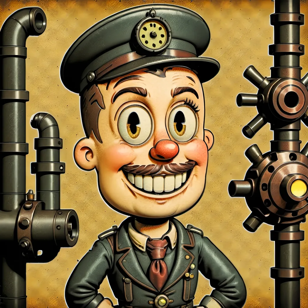 Prompt: (Humorous portrait), steampunk style, caricature drawing, pencil color  scheme, detailed facial features, expressive eyes, exaggerated pleasant smile, vintage military attire, quirky accessories, Iron gears and machinery in the background, cozy ambiance, ultra-detailed, engaging composition that blends humor and artistry, creating a captivating visual narrative.