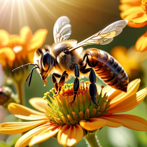 Prompt: Close up (Honey bee sipping nectar on a flower, all six legs visible), intricate wing details, nature, summer vibes, warm color scheme, photorealism, crisp focus, ultra-detailed, high-definition, 4K, vibrant colors, sunlight filtering through, blooming flowers in the background, tranquil atmosphere, vivid yellow, orange, and green tones, cinematic depth, breathtaking natural beauty.