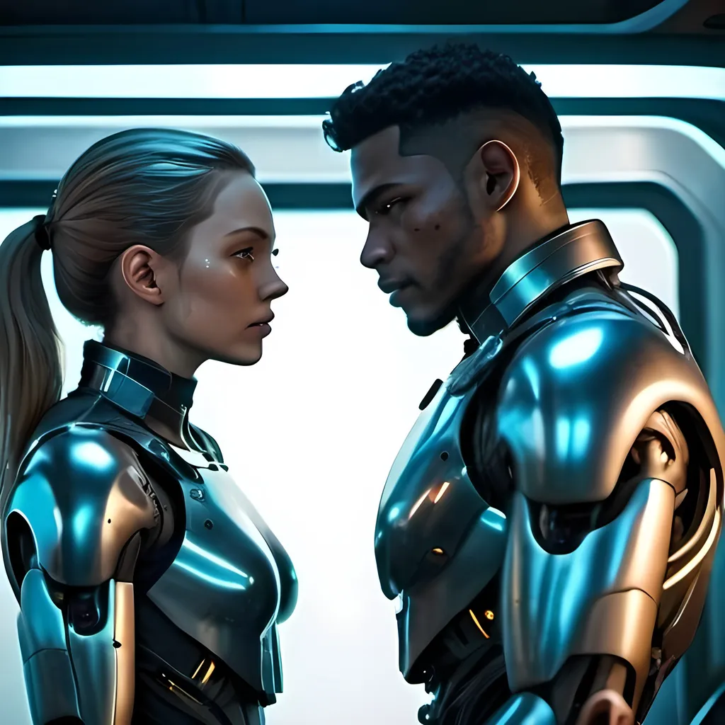 Prompt: photorealistic, (futuristic-sci-fi style), (cool color scheme), anatomically correct androids in love,  (highly detailed), intense action, subdued lighting, immersive sci-fi ambiance, dramatic shadows, intricate mechanical features, metallic textures, highly defined characters in combat, cinematic composition, 4K quality, fast-paced tension.