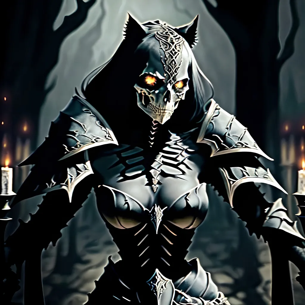 Prompt: skeletal bone Queen, dark color scheme, (fantasy RPG style), mysterious atmosphere, eerie background, intricate detailed armor, feline features woven into the design, dynamic pose, shadows and highlights emphasizing depth, high-adrenaline scene, (4K), ultra-detailed, magical aura surrounding the character, enchanting yet ominous vignette, dramatic composition.