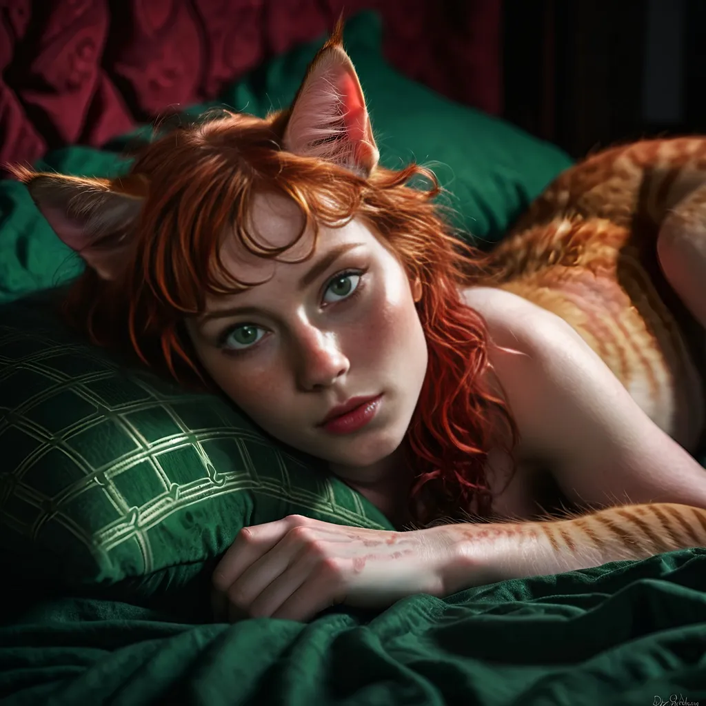 Prompt: Realistic illustration of an unclothed Celtic furred like a short haired tabby with realistic red cat ears and tail, intense gaze, pale red eyebrows, laying on bed dramatic pose, full long red curly hair, freckles, lips parted, detailed anatomy, detailed green eyes, soft shadows, dark moody ambiance, dark background, rich textures, elevated soft lighting, ultra-detailed, fantasy atmosphere, dark color scheme.