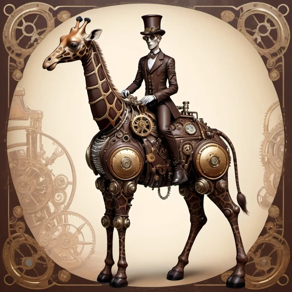 Prompt: Steampunk chocolate giraff with rider, (artstyle: steampunk), (color palette: dark colors), intricate mechanical designs, whimsical elements, vintage yet futuristic vibes, playful ambiance, detailed textures and patterns on the elephant's skin, subtle metallic features blending with creamy chocolate tones, dreamy and imaginative background to enhance the playful theme, (highly detailed), (4K resolution).